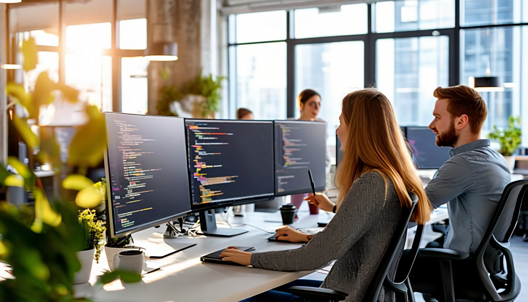 Modern software development workspace with code on multiple monitors in bright contemporary office