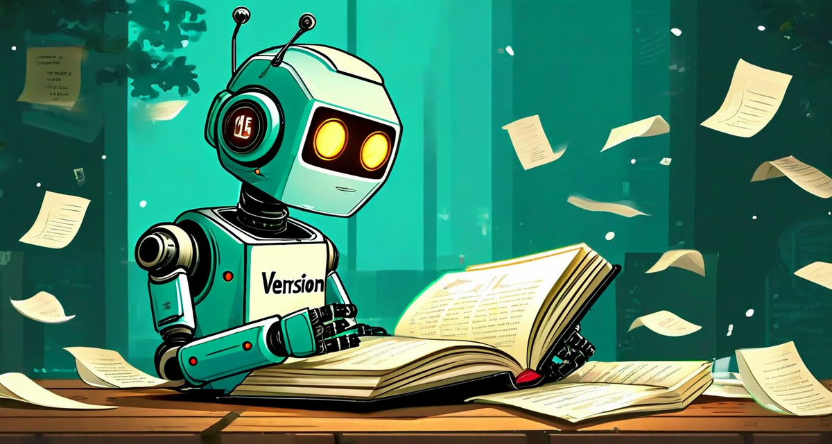 AI robot reading fresh documentation from a glowing book while outdated papers blow away in the wind