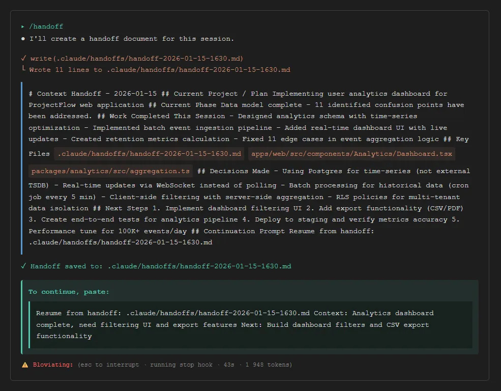 Terminal screenshot showing /handoff command creating a context handoff file with project details, work completed, and continuation instructions