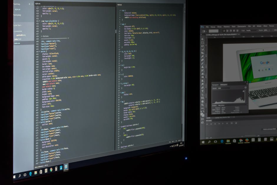 A dual screen setup showcasing programming code and image editing software